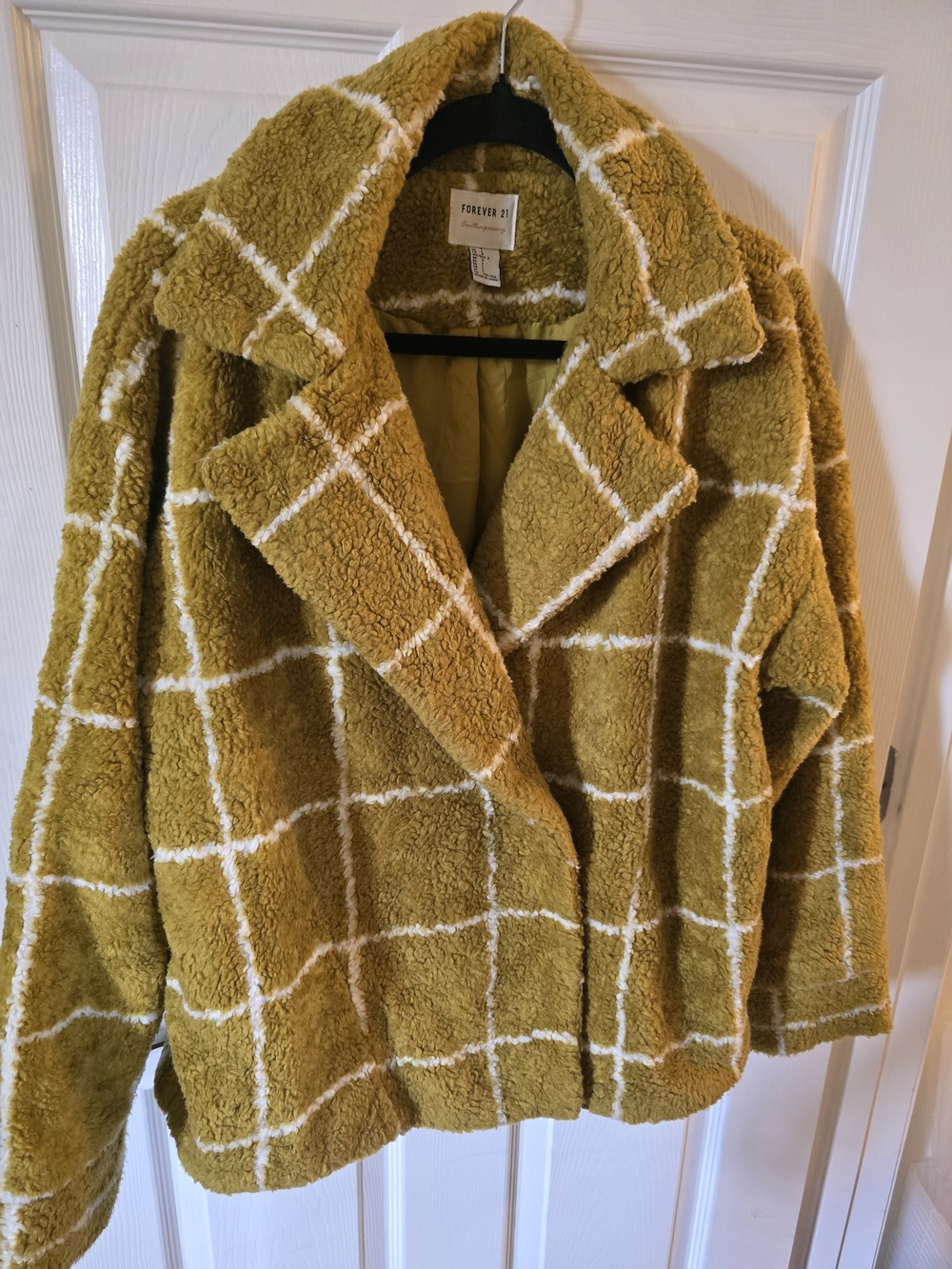 Mustard Teddy Coat Jacket with White Windowpane Pattern (Women's LG)